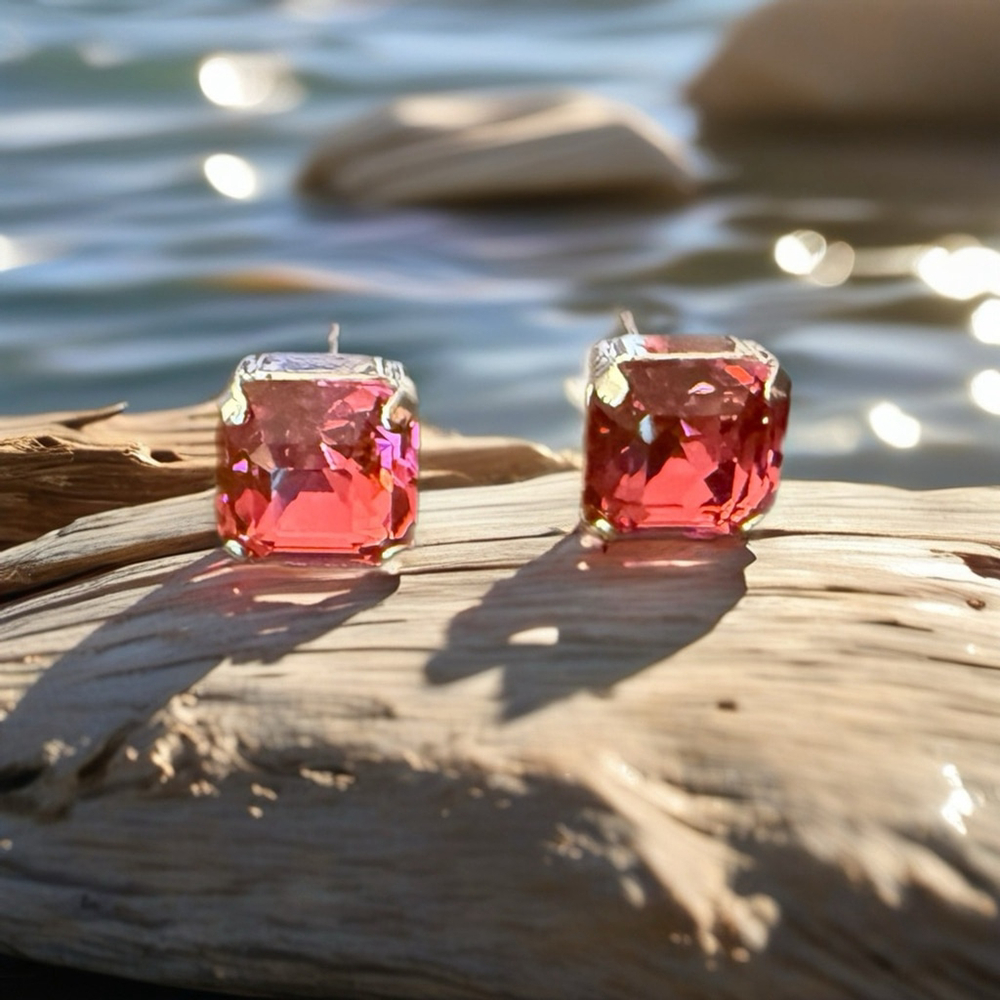 Reddish Pink Crystal Stud Earrings | Sparkly Cushion Cut | Silver Tone - Picture 3 of 3